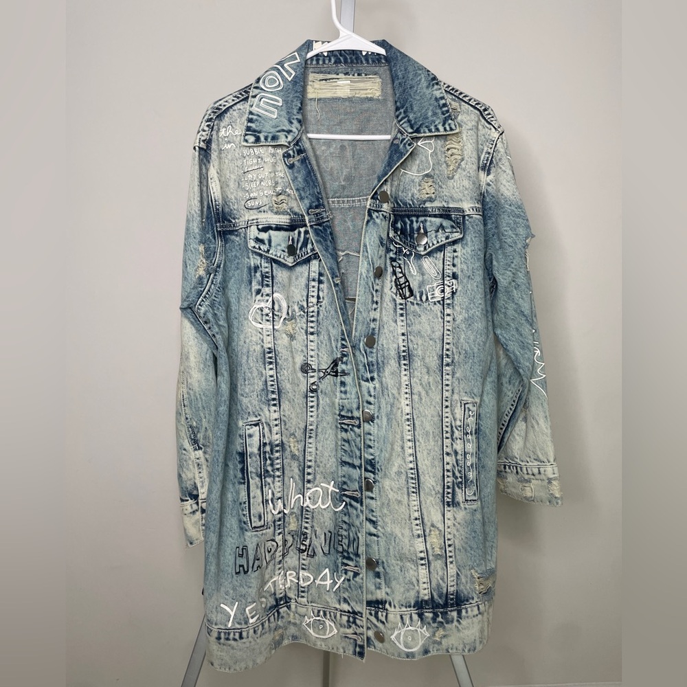 Oversized Denim Distressed Jacket with Graphic Details